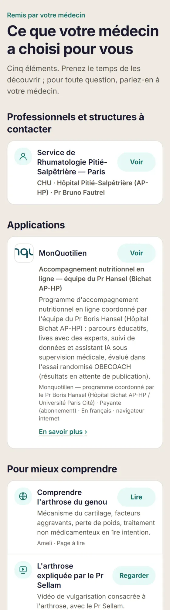 La page que le patient ouvre avec son code : « Ce que votre médecin a choisi pour vous », cinq éléments pour l'arthrose du genou.